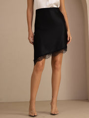 Black 19Momme mulberry silk high waist asymmetrical lace hem skirt.