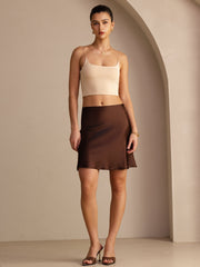 Elegant brown mulberry silk high waist short skirt.