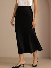 Elegant black 19Momme mulberry silk high waist maxi skirt.