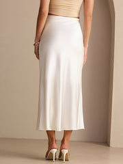 Elegant ivory 19Momme mulberry silk high waist maxi skirt, flowing design.