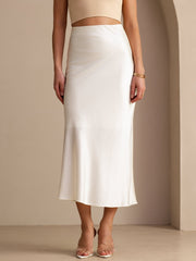 Elegant white 19 Momme mulberry silk high waist maxi skirt.
