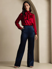 Dark blue 19Momme silk high waist straight fit women's pants with back elastic waist, paired with a red silk top.