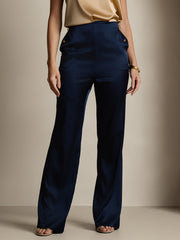 Women's navy 19Momme mulberry silk high-waist straight-fit pants with gold buttons and back elastic waist.