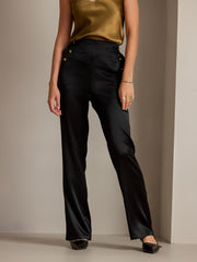Black 19 Momme mulberry silk high-waist straight-fit women's pants with gold buttons and elastic back.