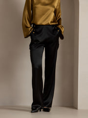 Women's black 19Momme mulberry silk high-waist straight-fit pants with gold button details.
