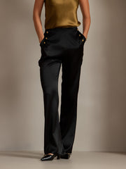 Black 19Momme mulberry silk high waist straight fit women's pants with gold buttons and back elastic waist.