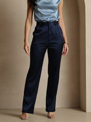 Women's navy blue 19Momme mulberry silk high waist straight fit pants with zipper side pockets.