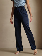 Women's navy blue 19Momme mulberry silk high waist straight fit pants with zipper side pockets.