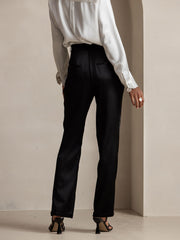 Women's black 19 Momme mulberry silk high waist straight fit pants with zipper side pockets.