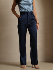 Dark blue 19Momme silk high waist straight fit women's pants with zipper side pockets.