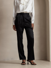 Black 19Momme mulberry silk high waist straight fit women's pants with zipper side pockets.