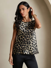 Women's leopard print 19 Momme mulberry silk cap sleeve round neck top.