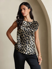 Women's 19Momme mulberry silk leopard print cap sleeve round neck top.