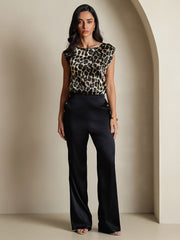 Women's 19 Momme mulberry silk leopard print cap sleeve round neck top.