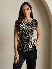 Women's 19Momme mulberry silk leopard print cap sleeve round neck top.
