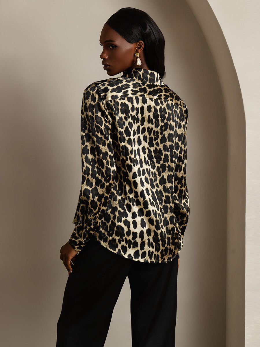 Women's 19 Momme mulberry silk leopard print long sleeve lapel collar shirt.
