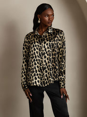 Women's 19Momme mulberry silk leopard print long sleeve lapel collar shirt.
