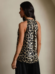 Women's 19 Momme mulberry silk leopard print sleeveless halter neck top.