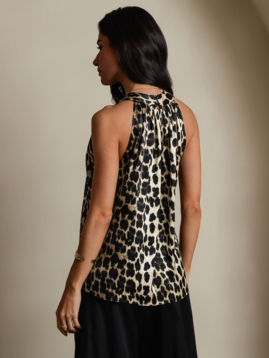 Women's 19 Momme mulberry silk leopard print sleeveless halter neck top.
