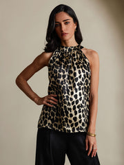 Women's 19Momme mulberry silk leopard print sleeveless halter neck top.