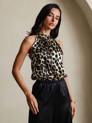 Women's 19Momme mulberry silk leopard print sleeveless halter neck top.