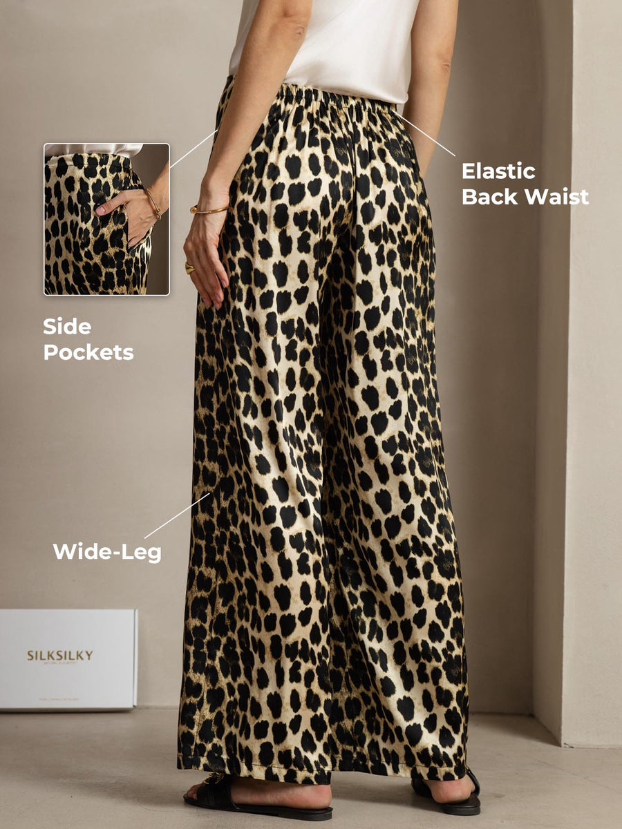 Women's 19Momme silk leopard print wide-leg pants with elastic back waist and side pockets.