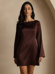 Women's mulberry silk long sleeve boat neck short dress in rich brown.