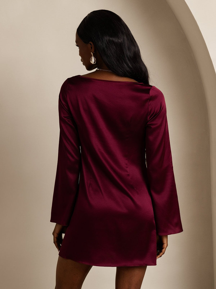 Marberry 19Momme silk long sleeve boat neck short dress in rich burgundy.