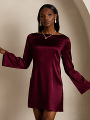 Women's mulberry silk long sleeve boat neck short dress in rich burgundy.