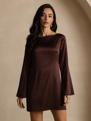 Brown 19 Momme mulberry silk long sleeve boat neck short dress.