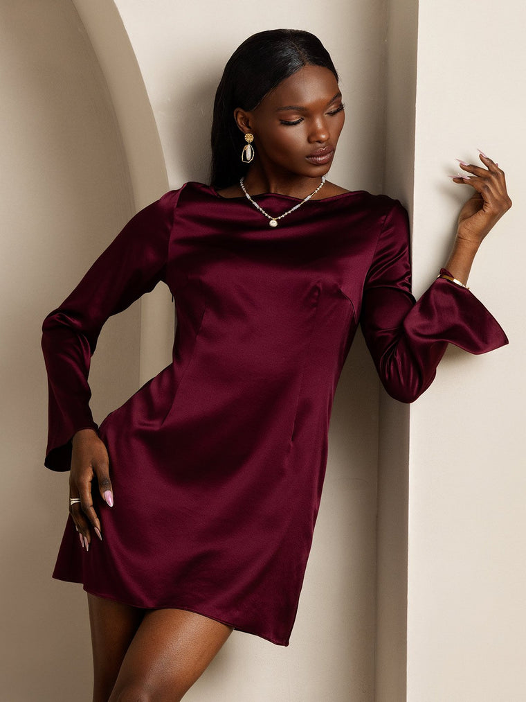 Women's mulberry silk long sleeve boat neck short dress in rich burgundy.