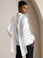 Women's white mulberry silk long sleeve high neck bow tie blouse.