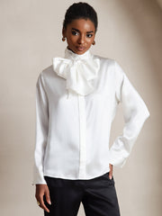 White 19Momme mulberry silk long sleeve high neck bow tie blouse.