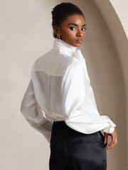 White mulberry silk long sleeve high neck bow tie blouse.