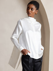 Women's white mulberry silk long sleeve high neck bow tie blouse.