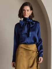 Dark blue 19Momme mulberry silk long sleeve high neck bow tie blouse.