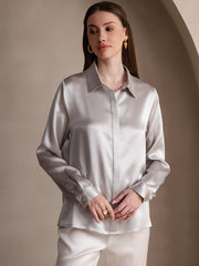 Women's silver 19 Momme mulberry silk long sleeve lapel collar shirt.