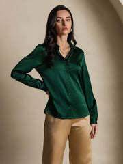 Dark green 19Momme mulberry silk long sleeve lapel collar women's shirt.