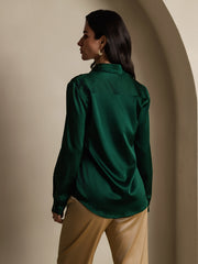 Women's dark green 19 Momme mulberry silk long-sleeve lapel collar shirt.