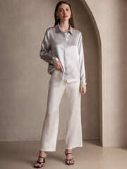 Women's silver 19Momme mulberry silk long sleeve lapel collar shirt with white silk pants.