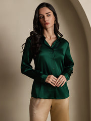 Women's dark green 19Momme mulberry silk long sleeve lapel collar shirt.
