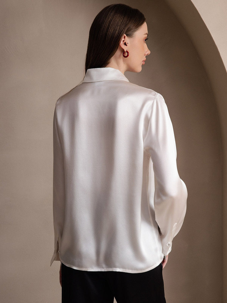 Women's white 19Momme mulberry silk long sleeve lapel collar shirt.