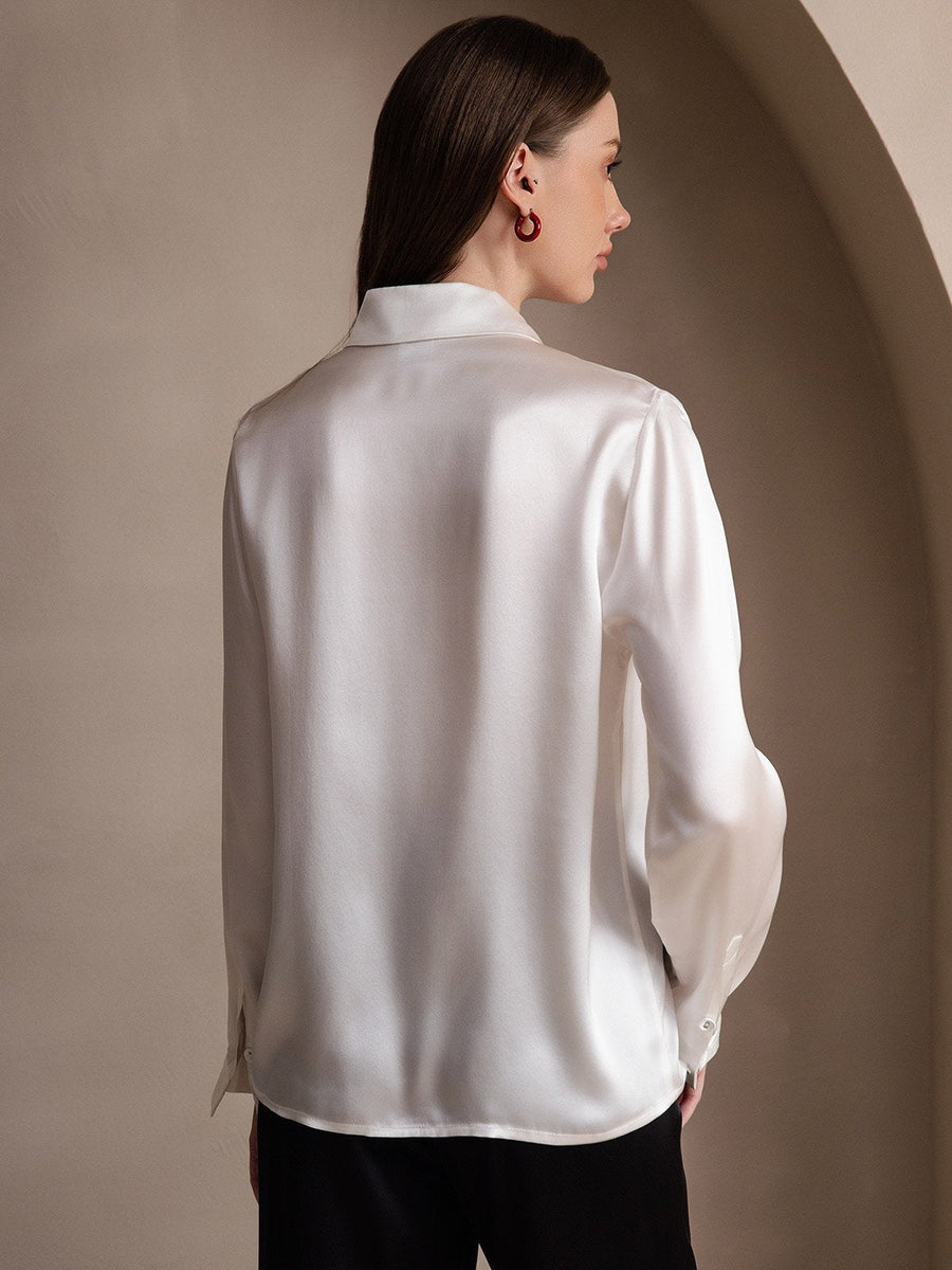 Women's white 19Momme mulberry silk long sleeve lapel collar shirt.