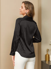 Women's black 19 Momme mulberry silk long sleeve lapel collar shirt.