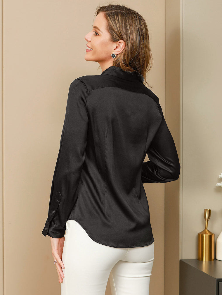 Women's black 19 Momme mulberry silk long sleeve lapel collar shirt.