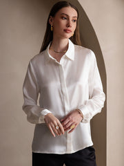 White 19Momme mulberry silk long sleeve lapel collar women's shirt.