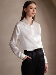 White 19Momme mulberry silk long sleeve lapel collar women's shirt with black pants.