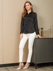 Women's black 19 Momme mulberry silk long-sleeve lapel collar shirt.