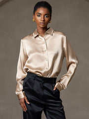 Women's champagne 19Momme mulberry silk long sleeve lapel collar shirt.