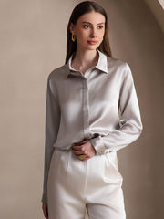 Light gray 19Momme mulberry silk long sleeve lapel collar women's shirt, paired with matching silk pants.